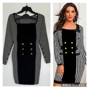 100% Cashmere Warm Long Sleeves Square Neck Houndstooth Dress 6 golden buttons S